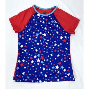 Lands’ End Rash Guard Girl 12S Short Sleeve Red Blue Stars Patriotic Swim Top